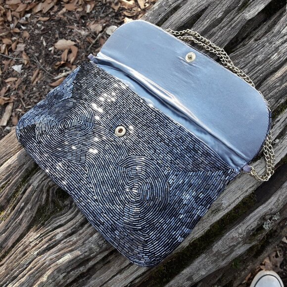 Sequin Purse Gunmetal Silver Micro Metallic Beads Softback Clutch Vintage Mini - Picture 6 of 16